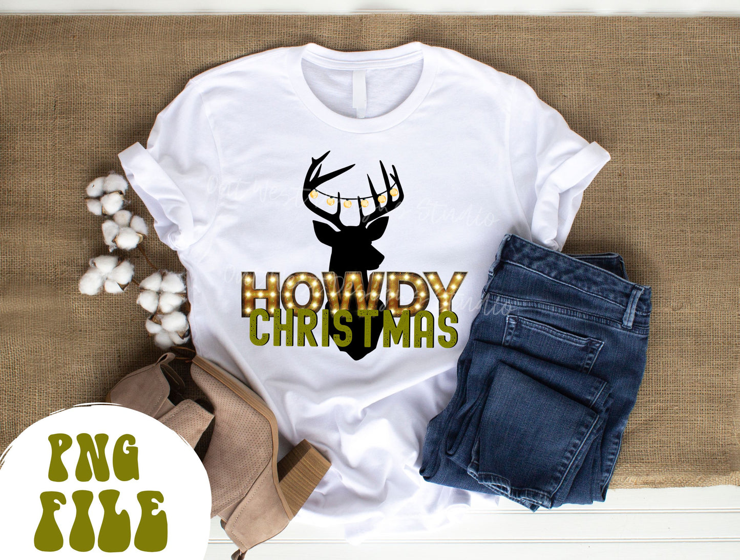 Howdy Christmas png download-Western hunting Christmas png, Country Christmas png, Holiday sublimation, Western png, Howdy png, deer lights