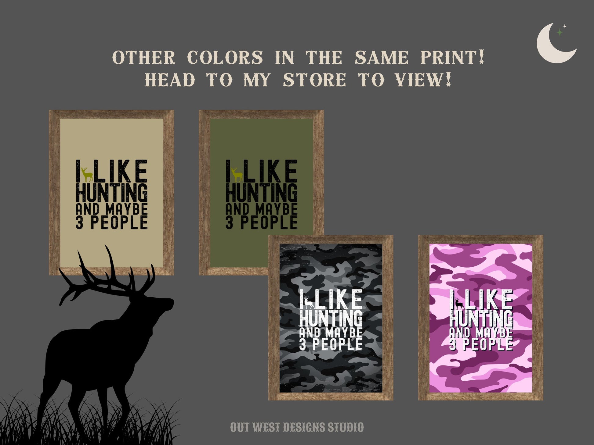 Hunting 'I like hunting + maybe 3 people' camo hunting print - Cabin home decor - deer, buck, duck hunt | Poster wall bedroom, house art