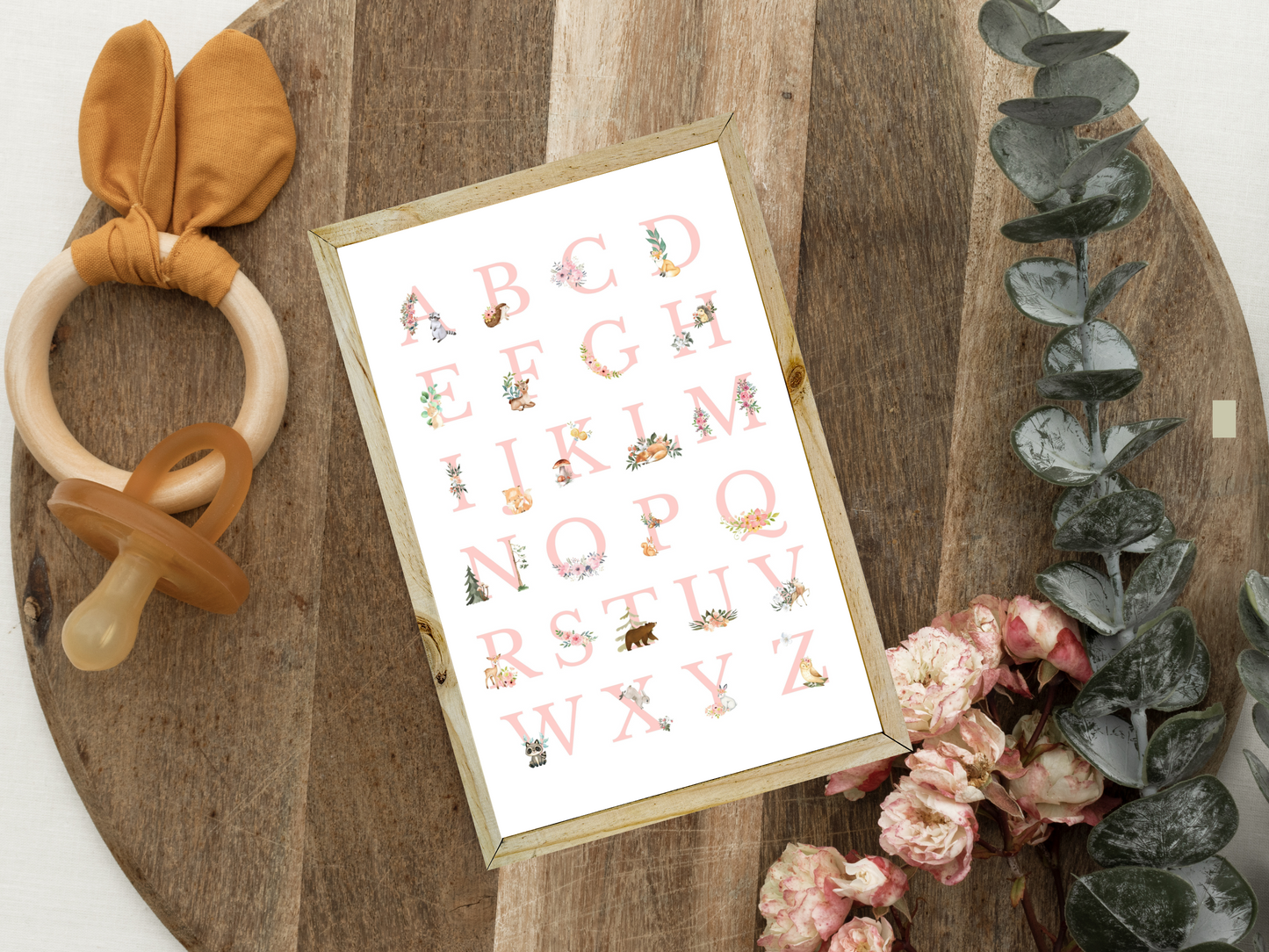 Alphabet Woodlands animals Poster Printable Wall Art PINK FONT | ABC Alphabet Print Kids | Boho + country Nursery Decor Playroom picture