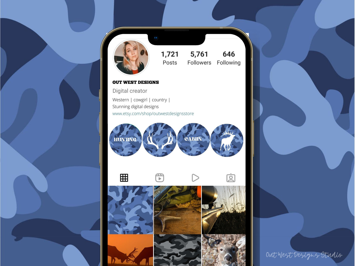 Hunting country Instagram highlight covers + story backgrounds - Blue camo - country + western IG icons | deer elk bear hunter social media