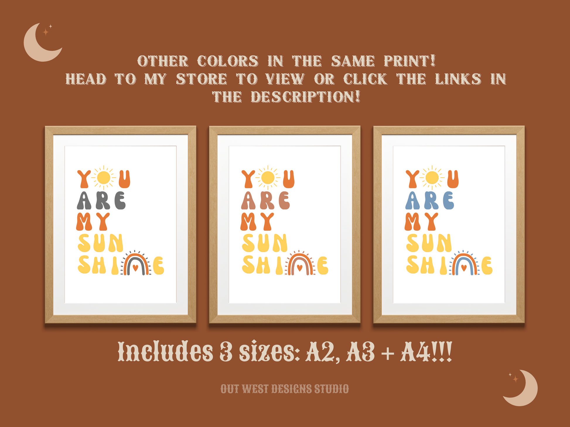 You are my sunshine nursery print in pink, orange + yellow | Kids bedroom poster art | boho babies nursery decor girls + boys room