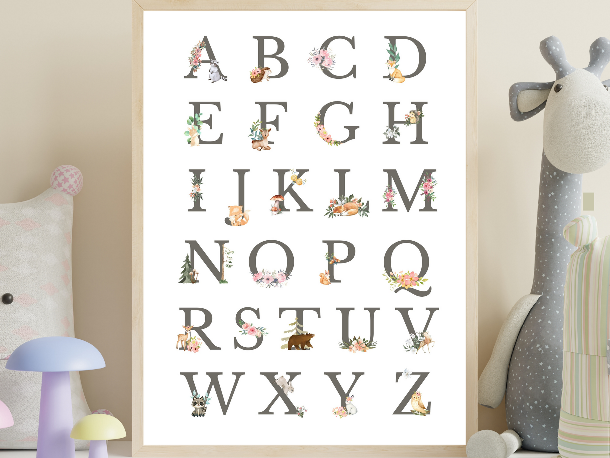 Alphabet Woodlands animals Poster Printable Wall Art GREY FONT | ABC Alphabet Print Kids | Boho + country Nursery Decor Playroom picture