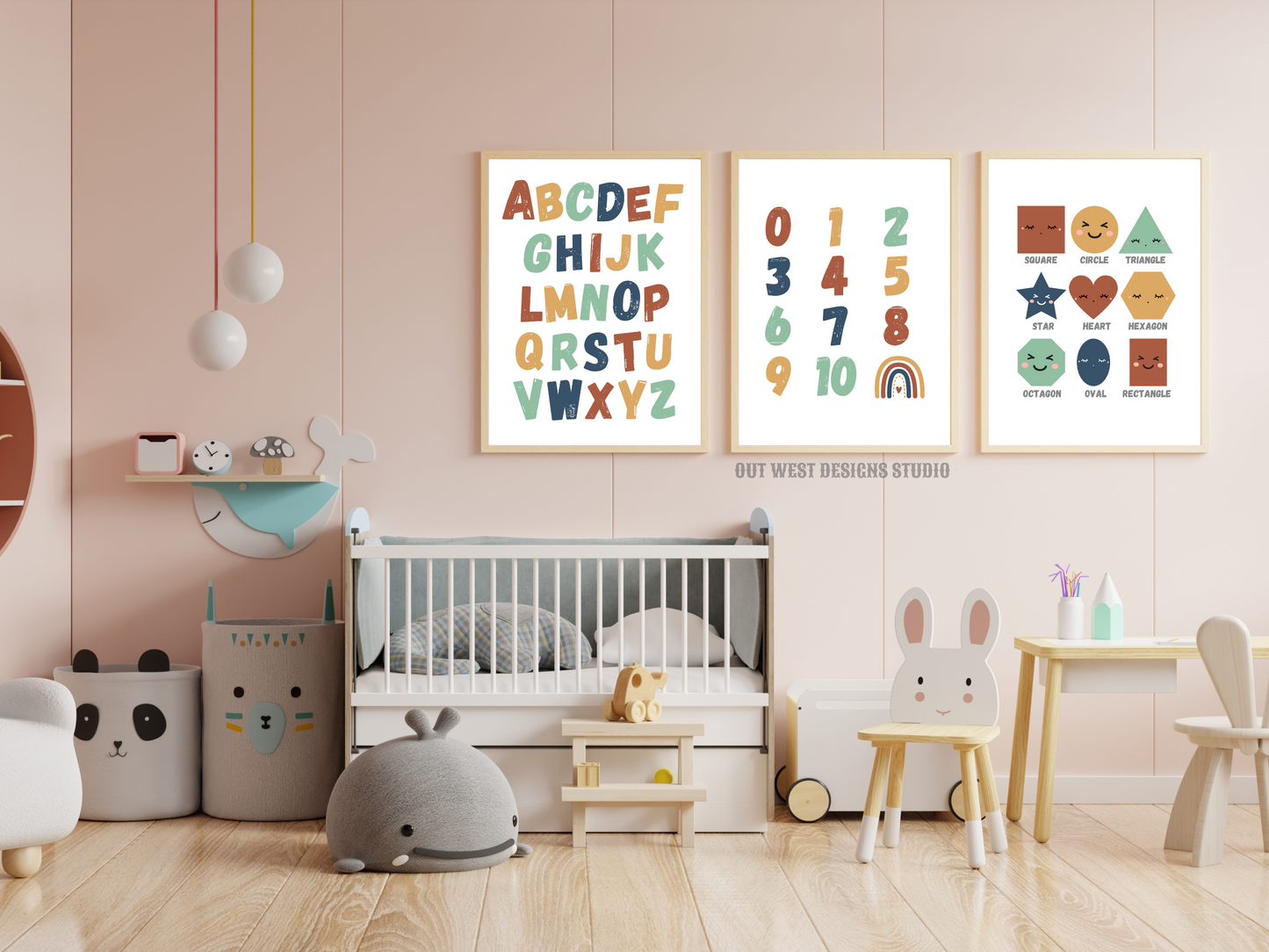 Pastel alphabet numbers + shapes print- babies, toddler boys nursery home wall decor - play room + kids bedroom educational poster art