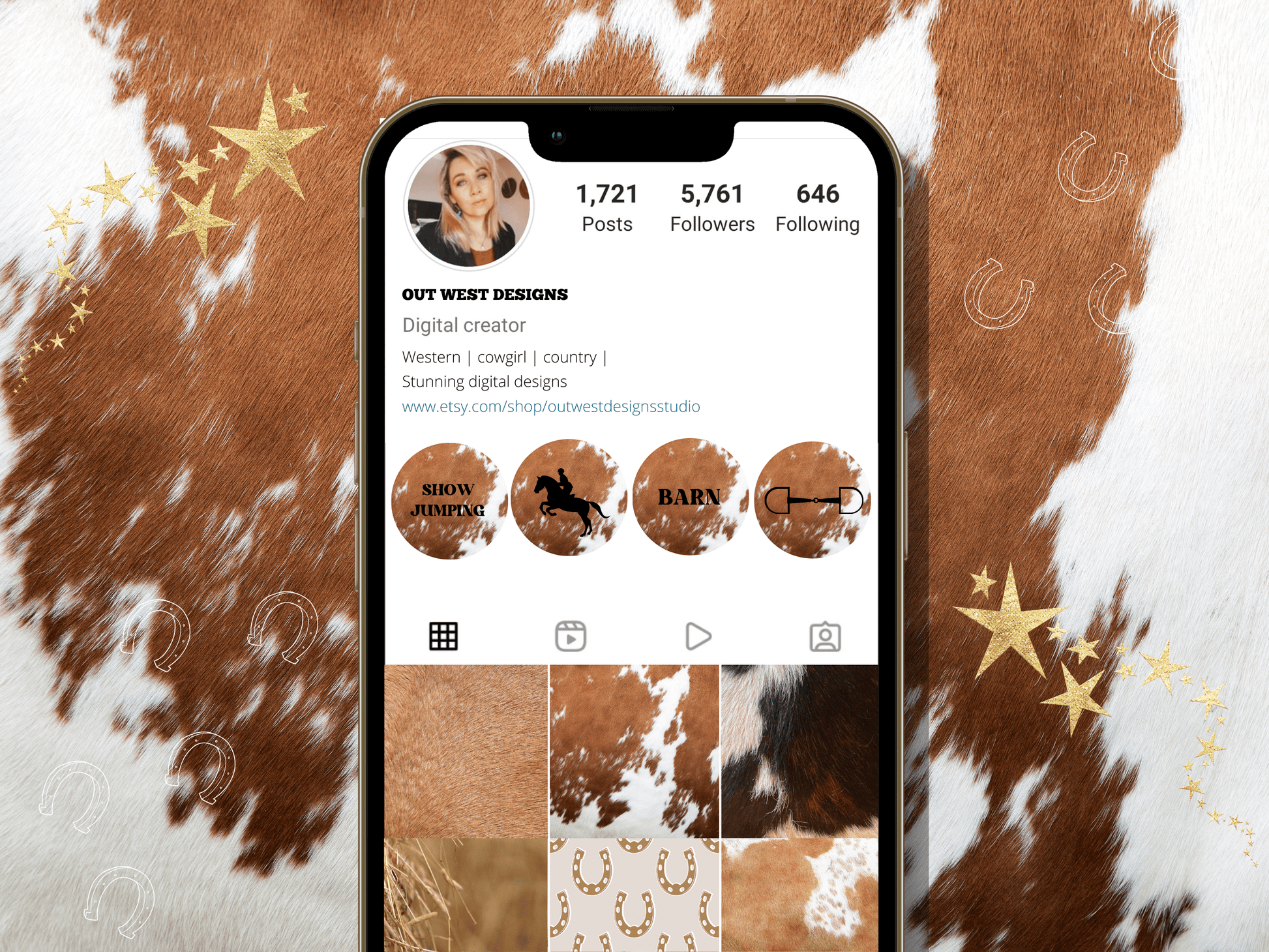 Cowhide Equestrian horse riding Instagram highlight covers + story backgrounds - show jumping, pony, dressage, rodeo cowgirl IG icons