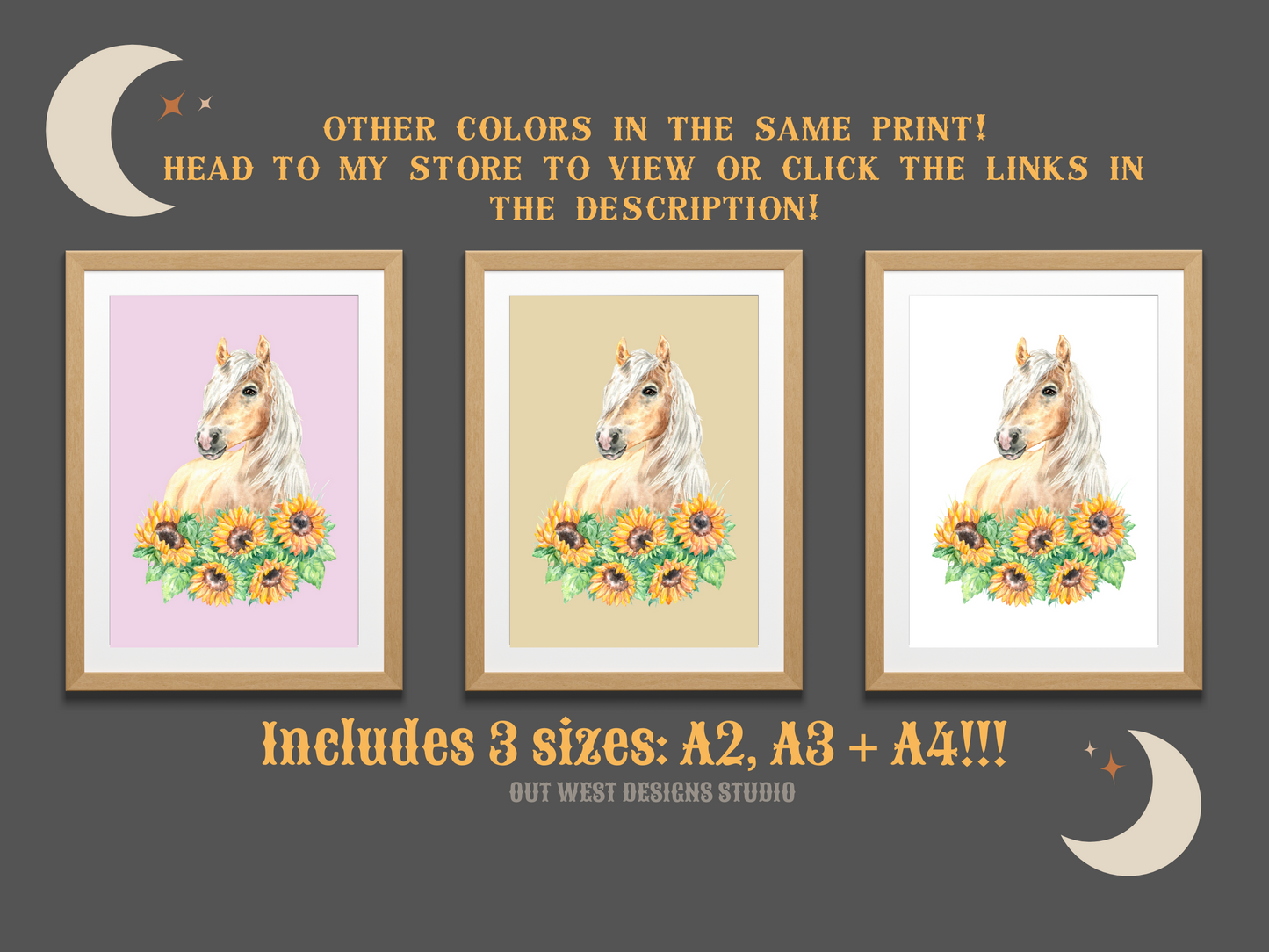 Sunflowers + Palomino horse print - babies, toddler girls + boys nursery home wall decor - pony cowgirl cowboy horses kids bedroom