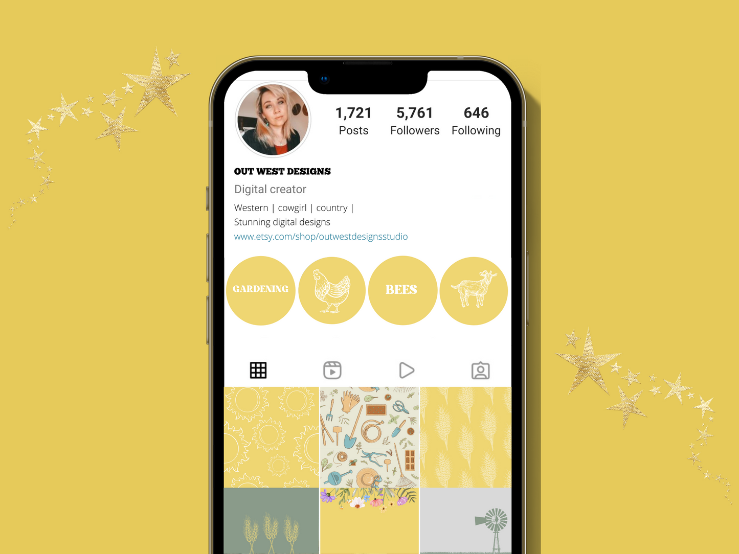 Farm + homesteading yellow Instagram highlight covers + story backgrounds. Garden + farm animals + flower illustrations + icons