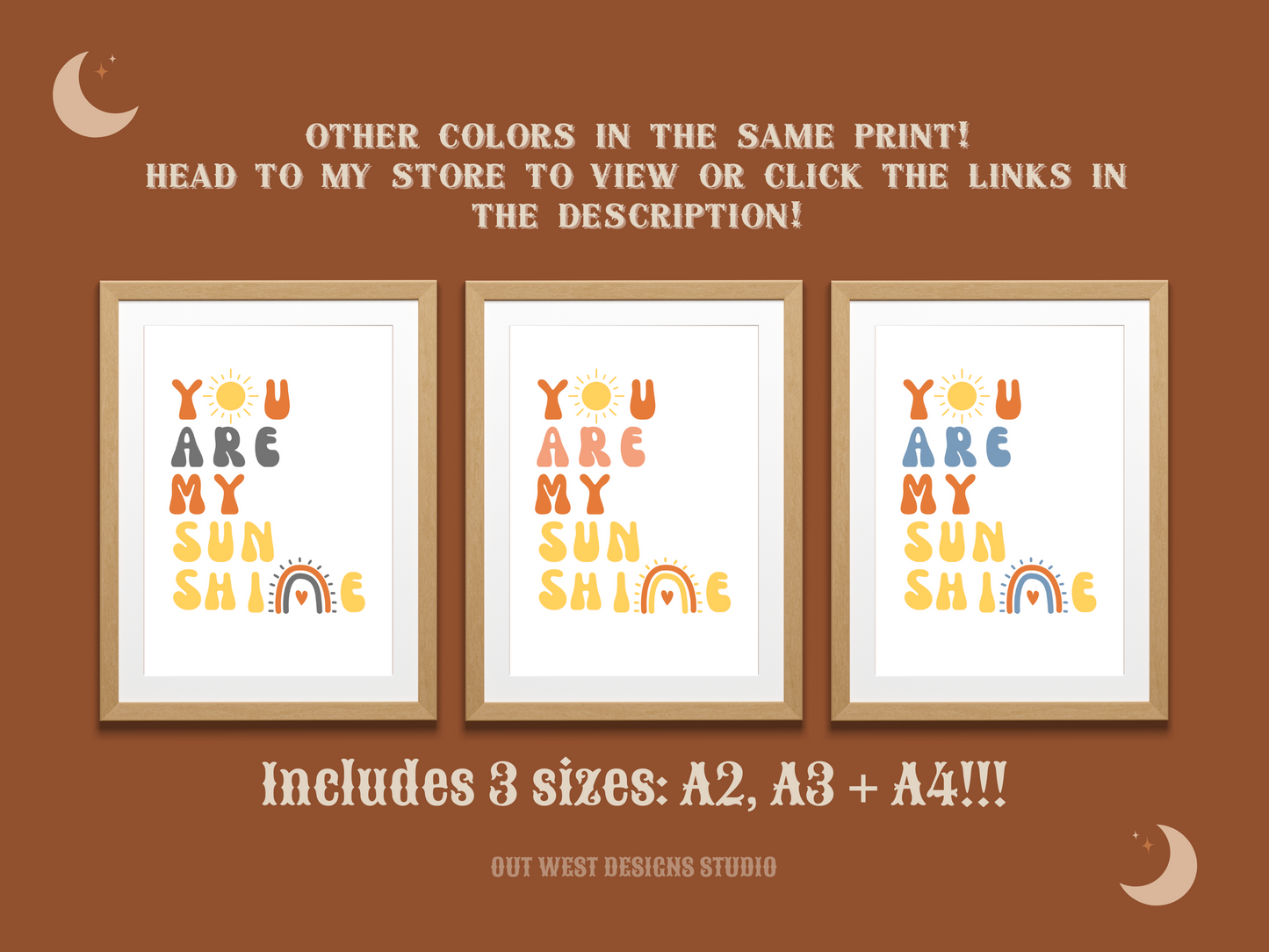 You are my sunshine nursery print in pink, orange + yellow | Kids bedroom poster art | boho babies nursery decor girls + boys room