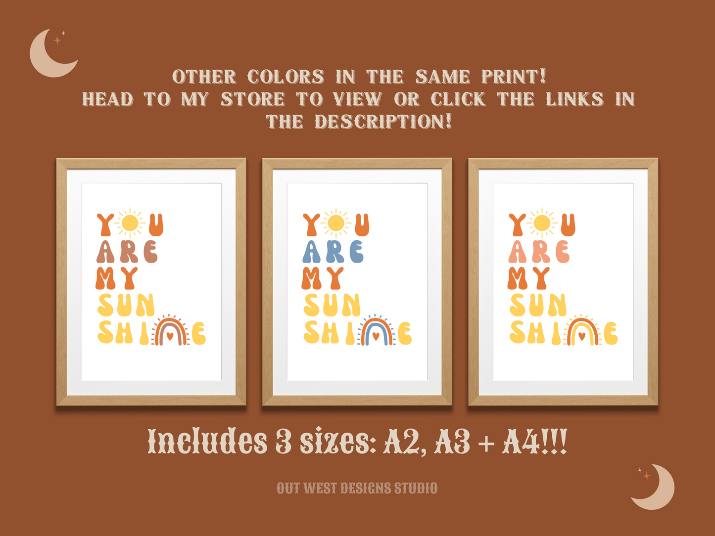 You are my sunshine nursery print in grey, orange + yellow | Kids bedroom poster art | boho babies nursery decor girls + boys room