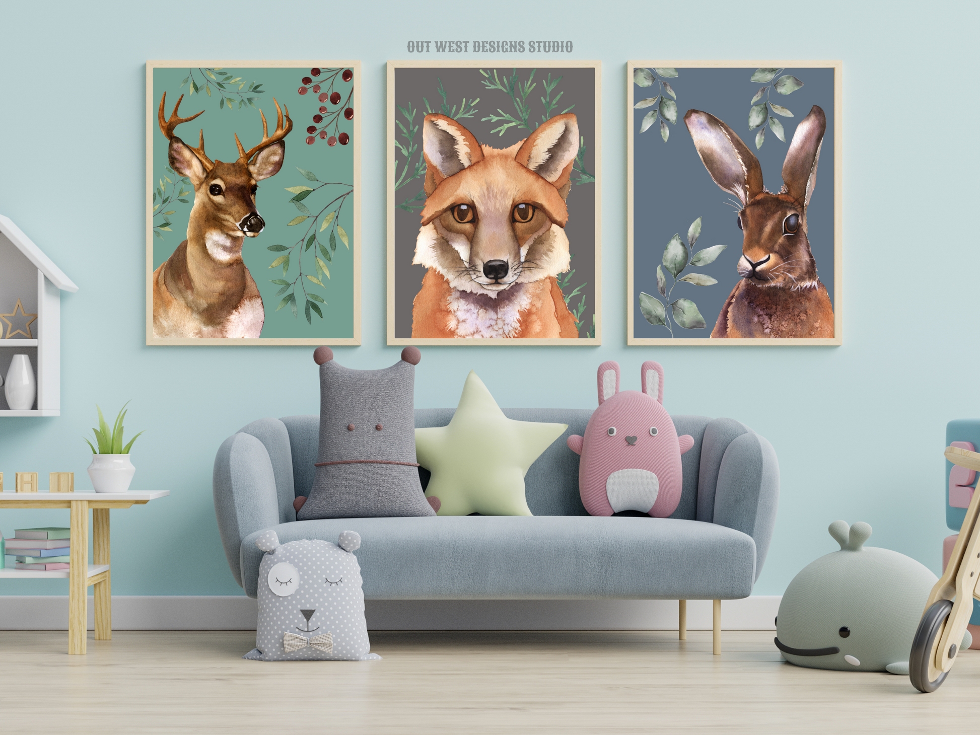 Woodlands animal print- babies, toddler boys nursery home wall decor - fox deer + rabbit hare water-color kids bedroom