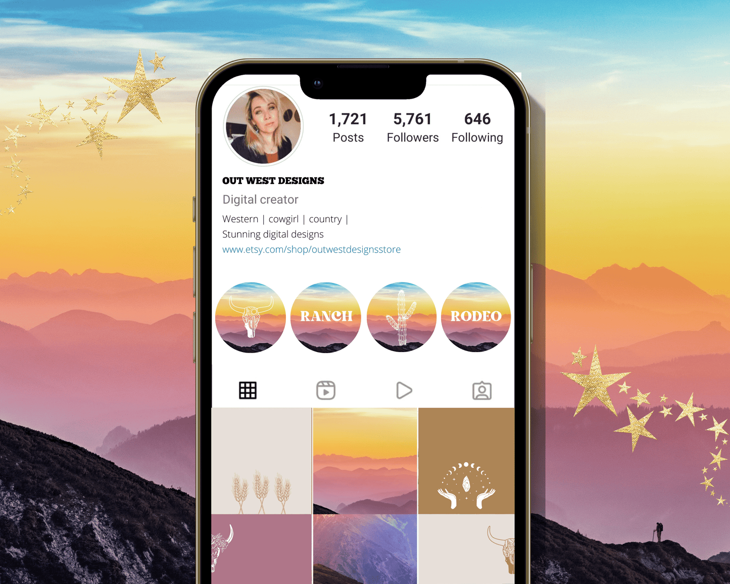 Wild West Cowgirl Instagram highlight covers + story backgrounds - Mountain sunset + pink western rodeo IG icons for social media