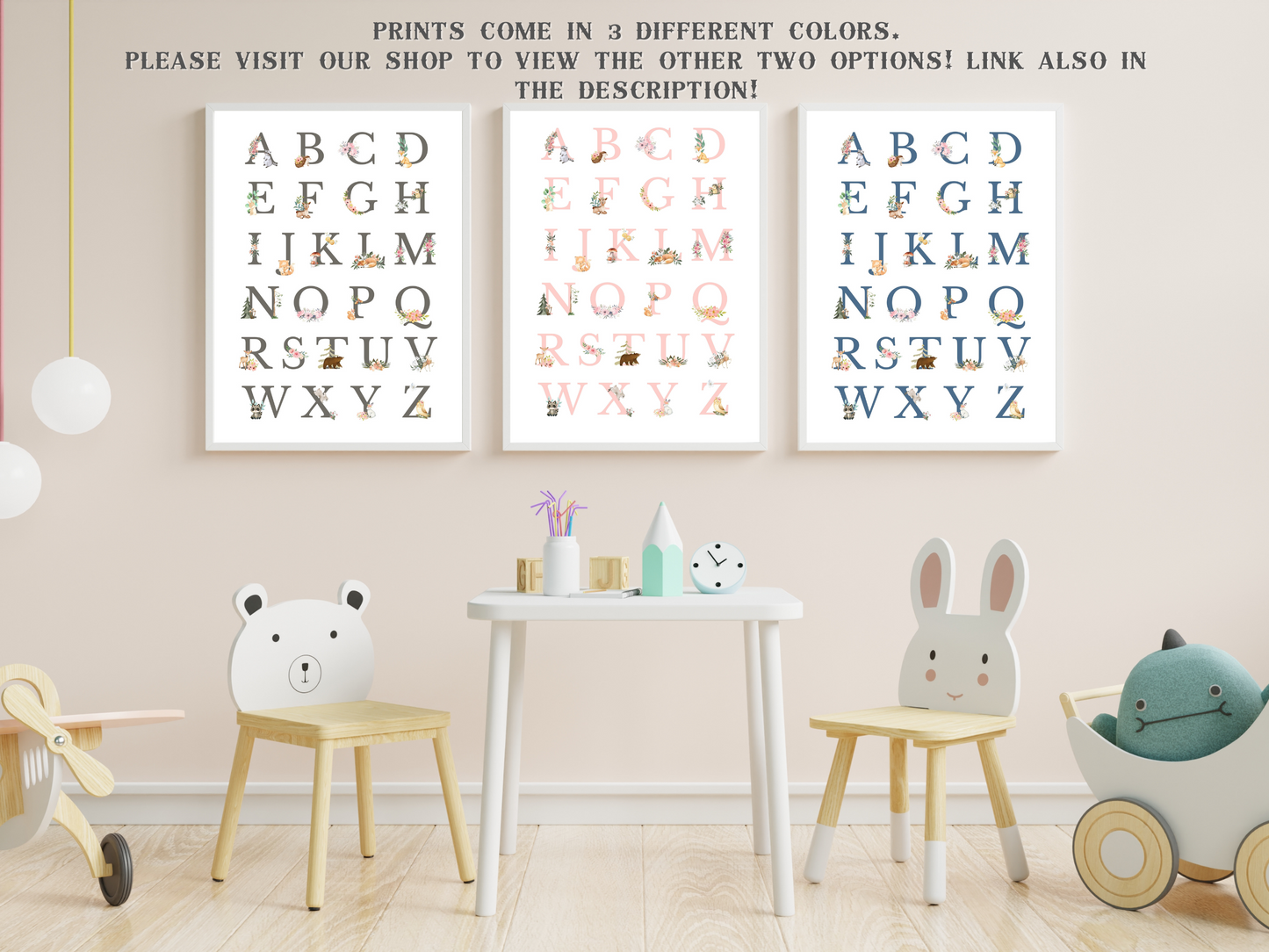 Alphabet Woodlands animals Poster Printable Wall Art PINK FONT | ABC Alphabet Print Kids | Boho + country Nursery Decor Playroom picture