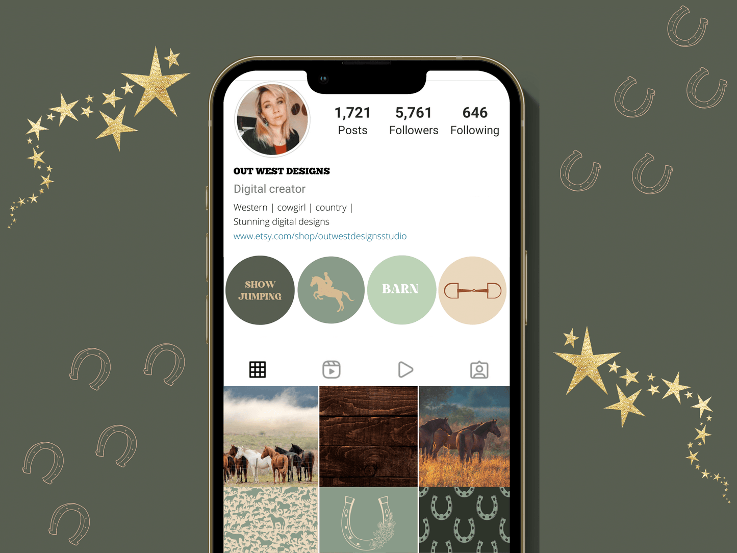 Equestrian horse riding Instagram highlight covers + story backgrounds - Green earthy show jumping, pony, dressage, rodeo cowgirl IG icons