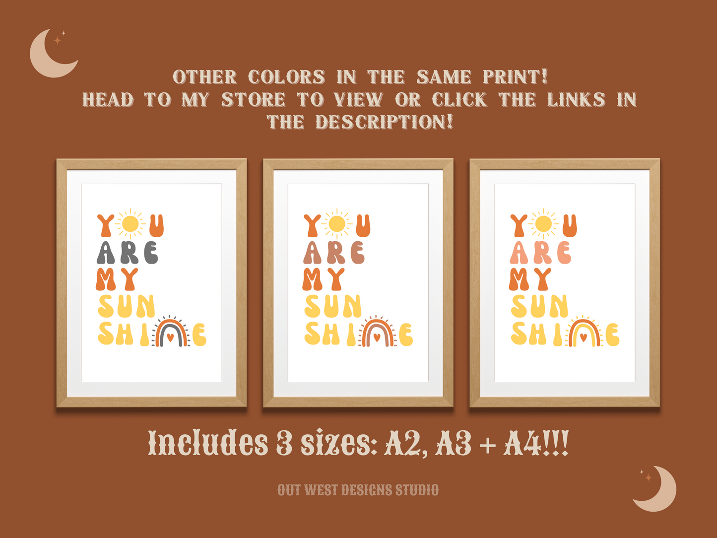 You are my sunshine nursery print in blue, orange + yellow | Kids bedroom poster art | boho babies nursery decor girls + boys room