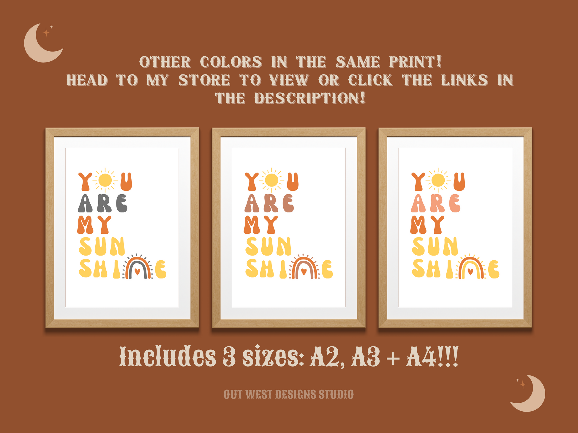 You are my sunshine nursery print in blue, orange + yellow | Kids bedroom poster art | boho babies nursery decor girls + boys room