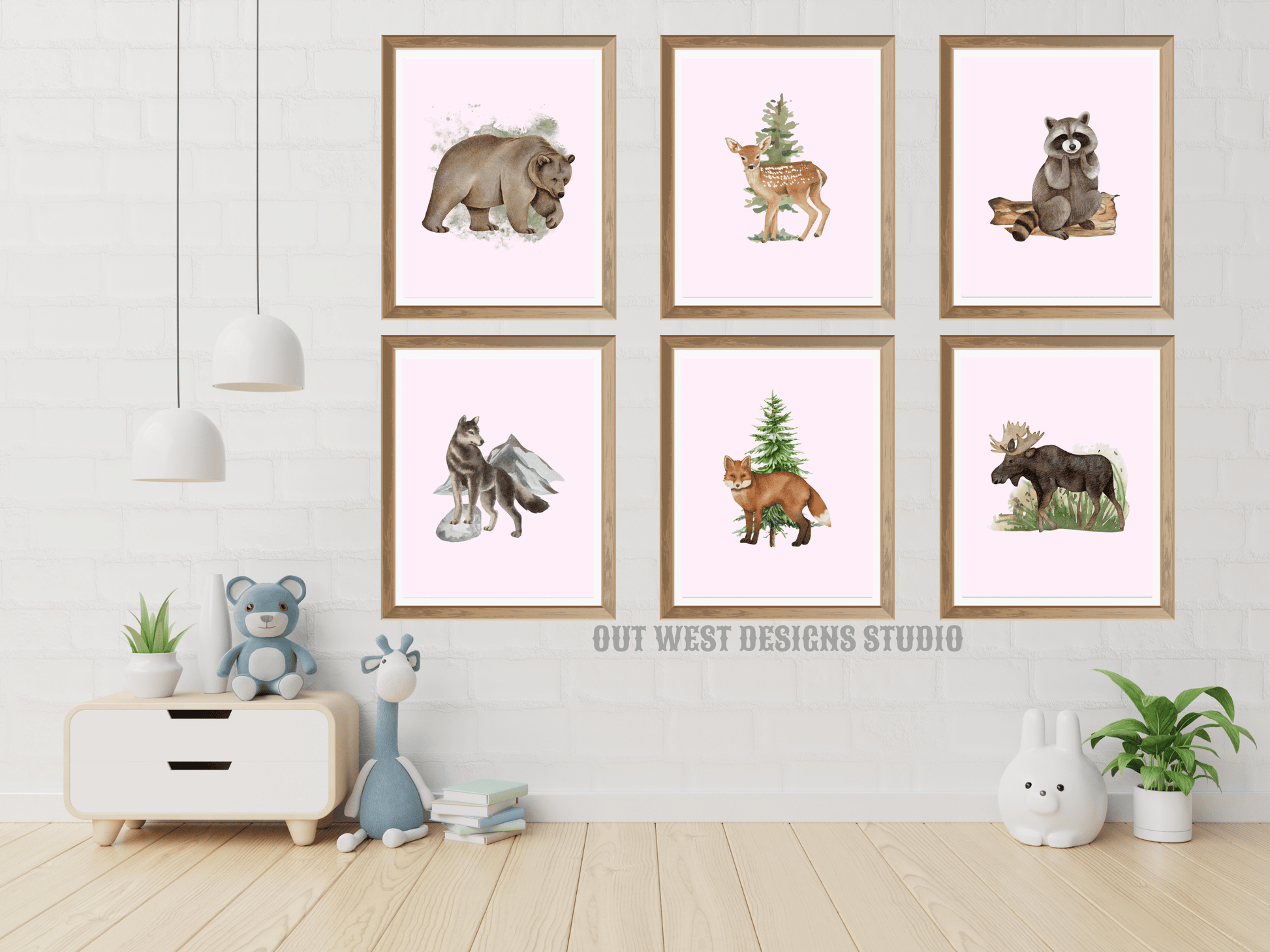 Woodlands animal print- babies, toddler boys + girls nursery home wall decor - fox deer raccoon wolf moose bear Canadian kids bedroom