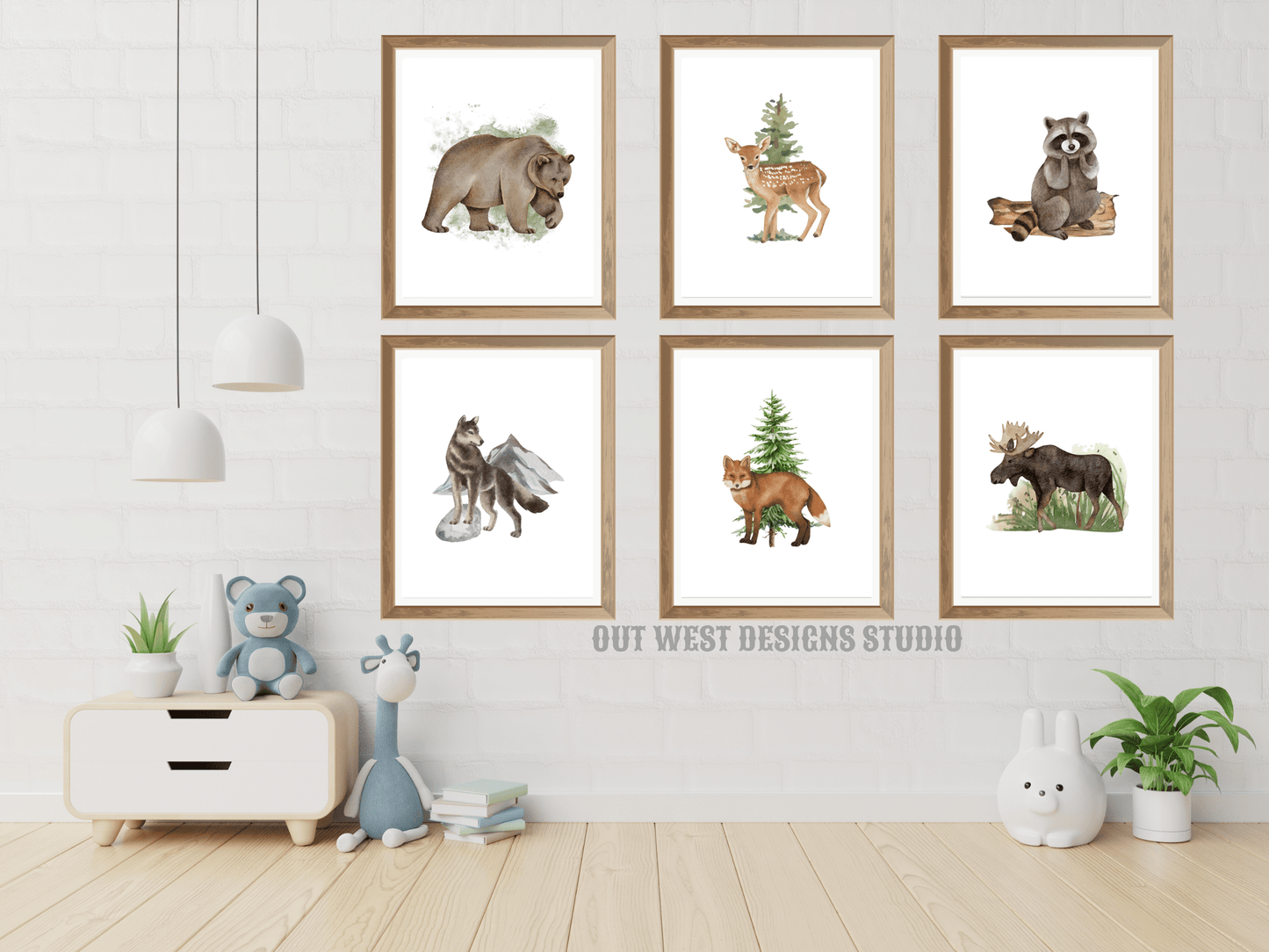 Woodlands animal print- babies, toddler boys + girls nursery home wall decor - fox deer raccoon wolf moose bear Canadian kids bedroom