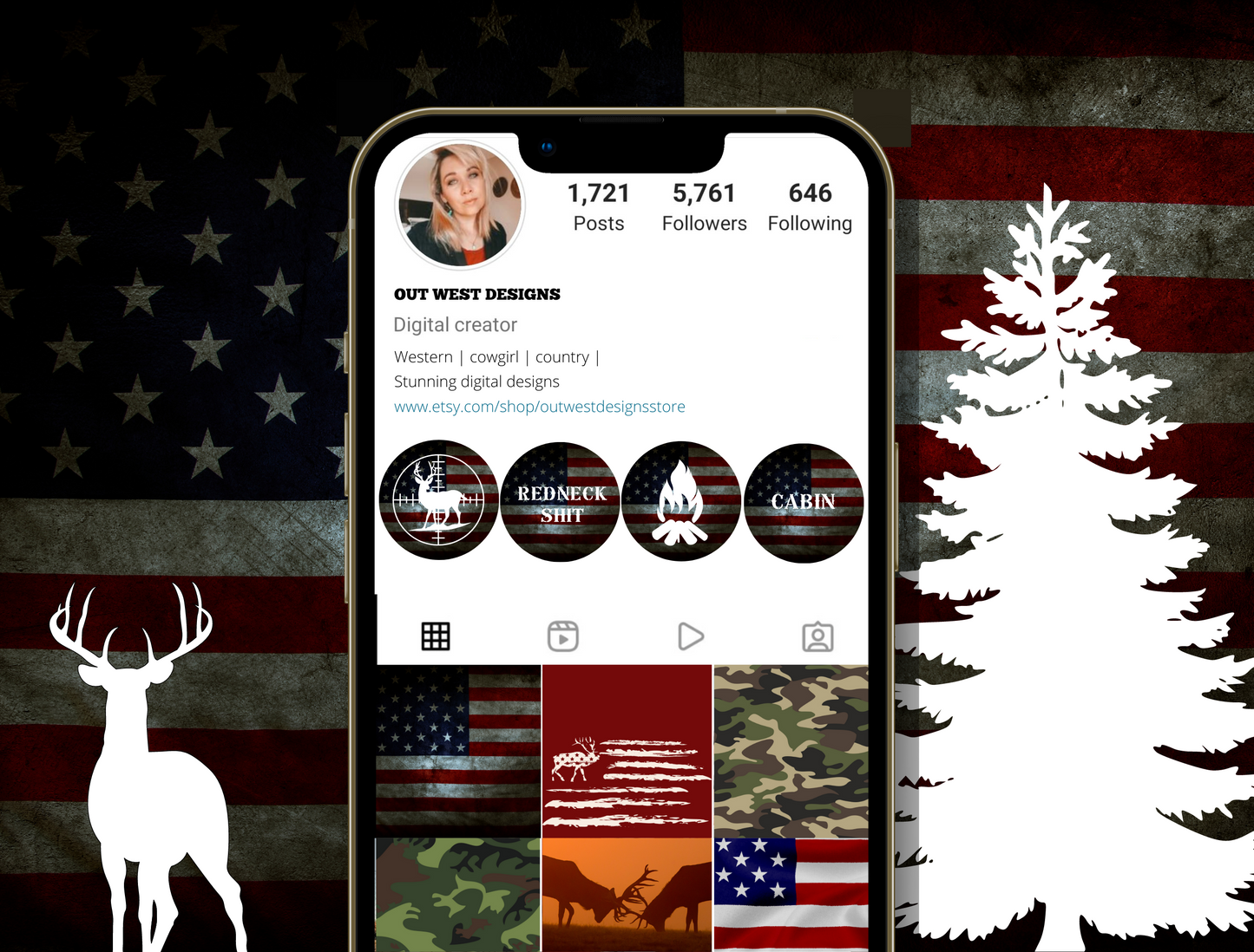 Redneck USA Country Instagram highlight covers + story backgrounds - FLAG hunting camo Western IG icons deer elk bear hunter social