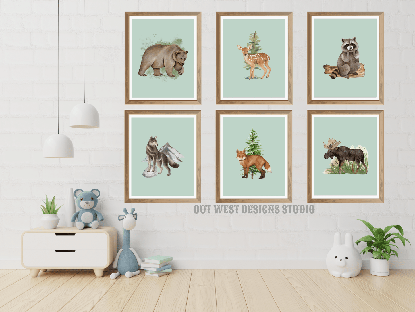 Woodlands animal print- babies, toddler boys + girls nursery home wall decor - fox deer raccoon wolf moose bear Canadian kids bedroom