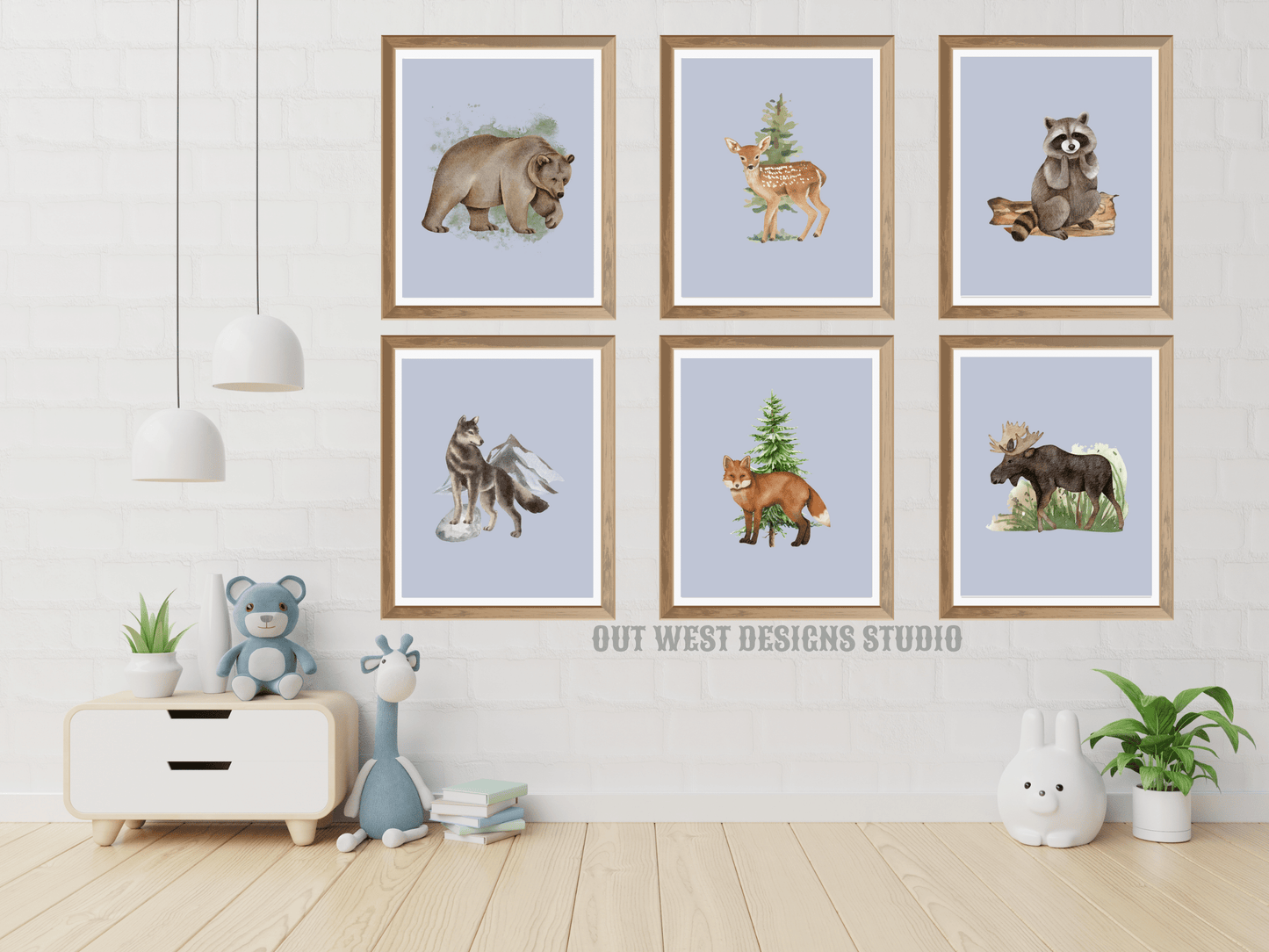 Woodlands animal print- babies, toddler boys + girls nursery home wall decor - fox deer raccoon wolf moose bear Canadian kids bedroom blue