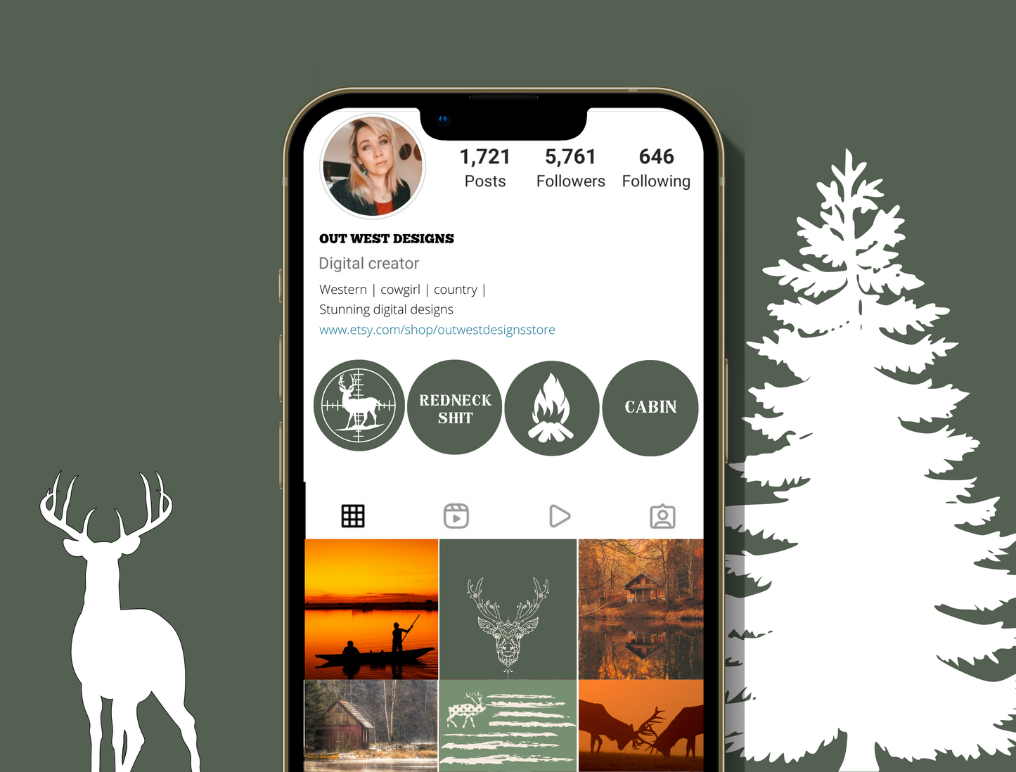 REDNECK Country Instagram highlight covers + story backgrounds - Green hunting camo - Western IG icons | deer elk bear hunter social media