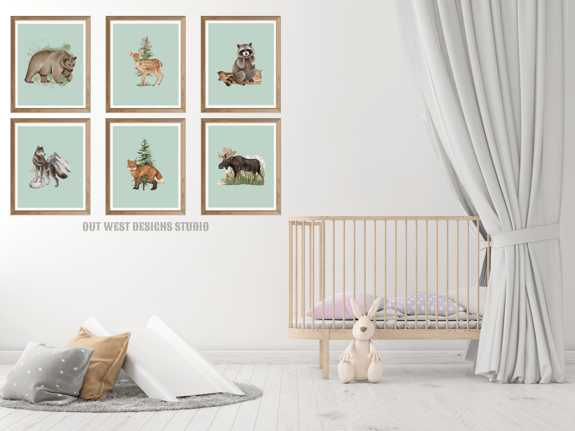 Woodlands animal print- babies, toddler boys + girls nursery home wall decor - fox deer raccoon wolf moose bear Canadian kids bedroom