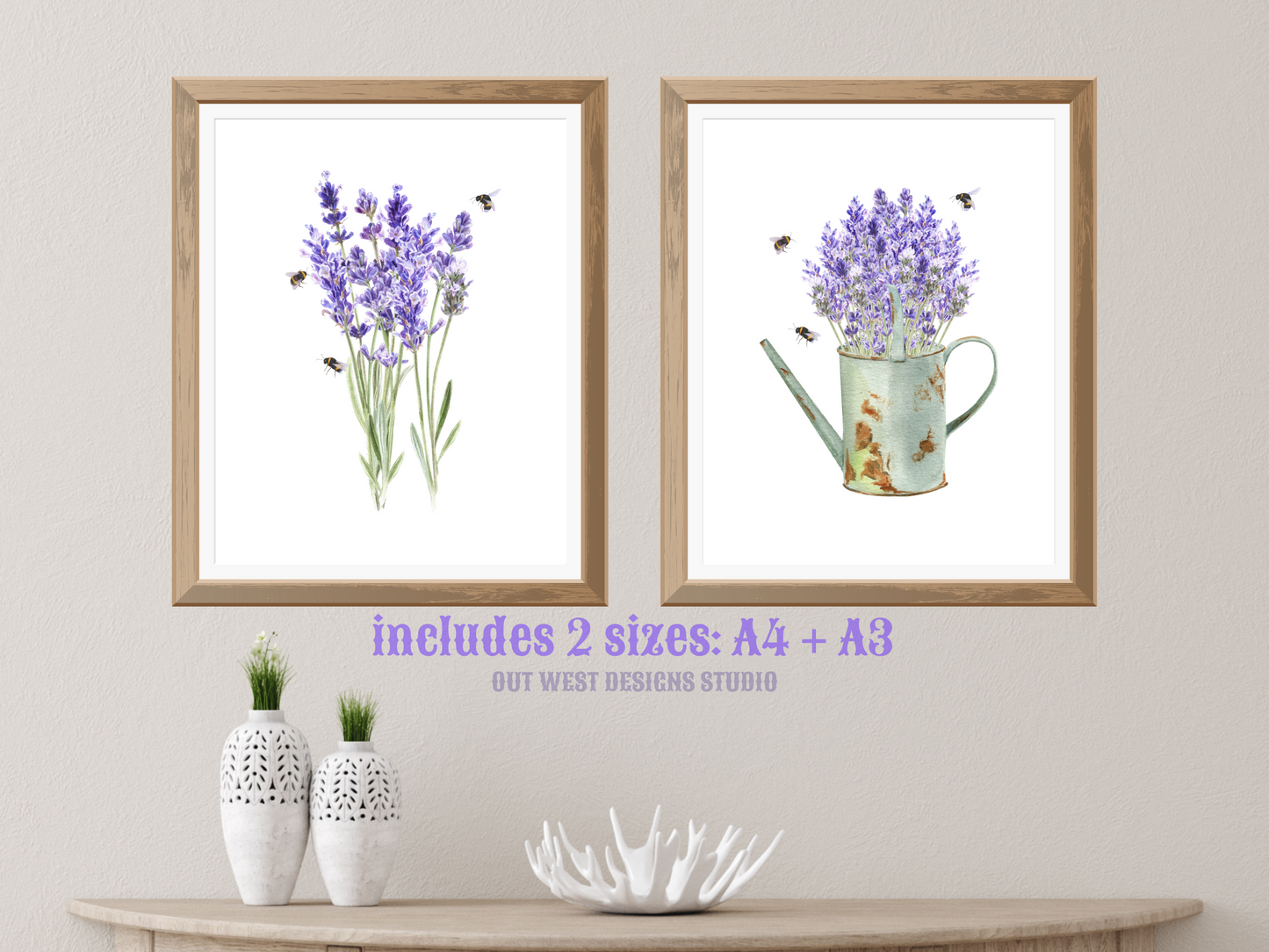 Lavender and bumble bees garden floral watercolor art print | farm house homesteading flower poster