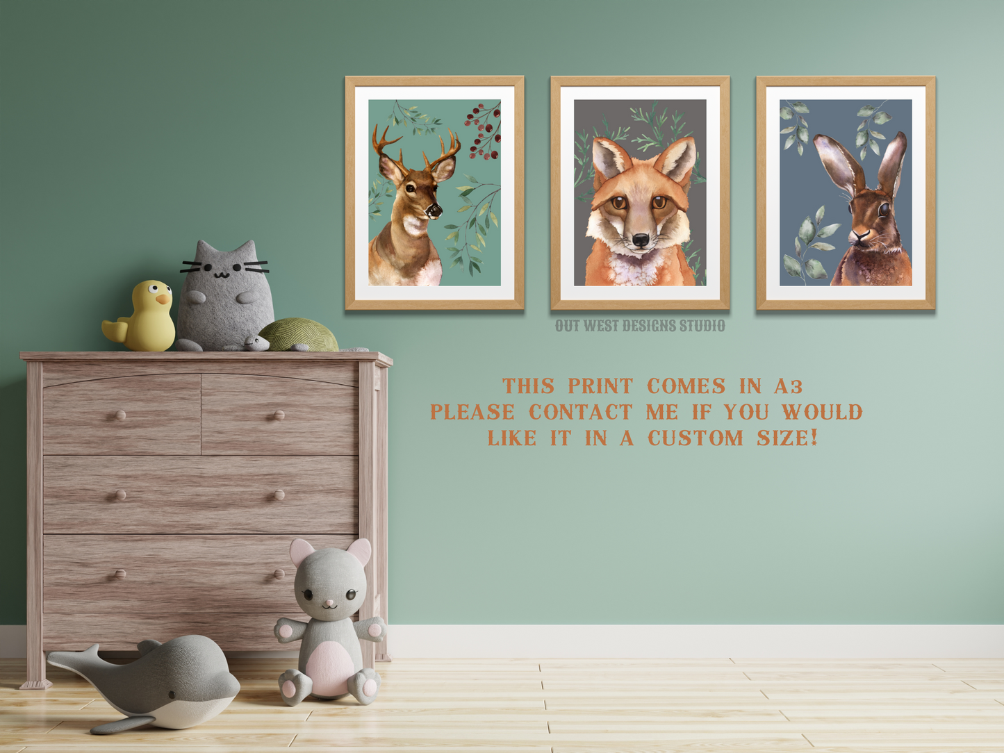 Woodlands animal print- babies, toddler boys nursery home wall decor - fox deer + rabbit hare water-color kids bedroom