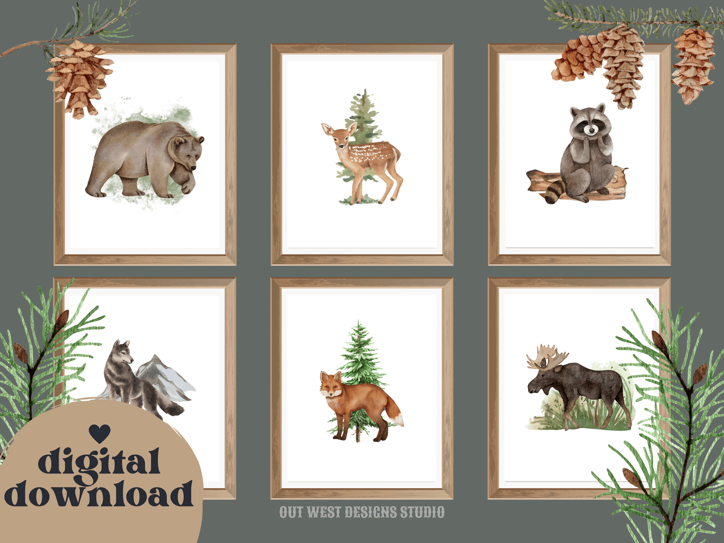 Woodlands animal print- babies, toddler boys + girls nursery home wall decor - fox deer raccoon wolf moose bear Canadian kids bedroom