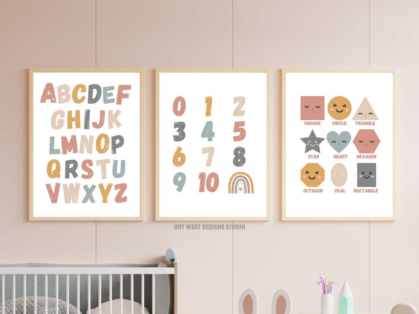 Pastel alphabet numbers + shapes print- babies, toddler boys nursery home wall decor - play room + kids bedroom educational poster art