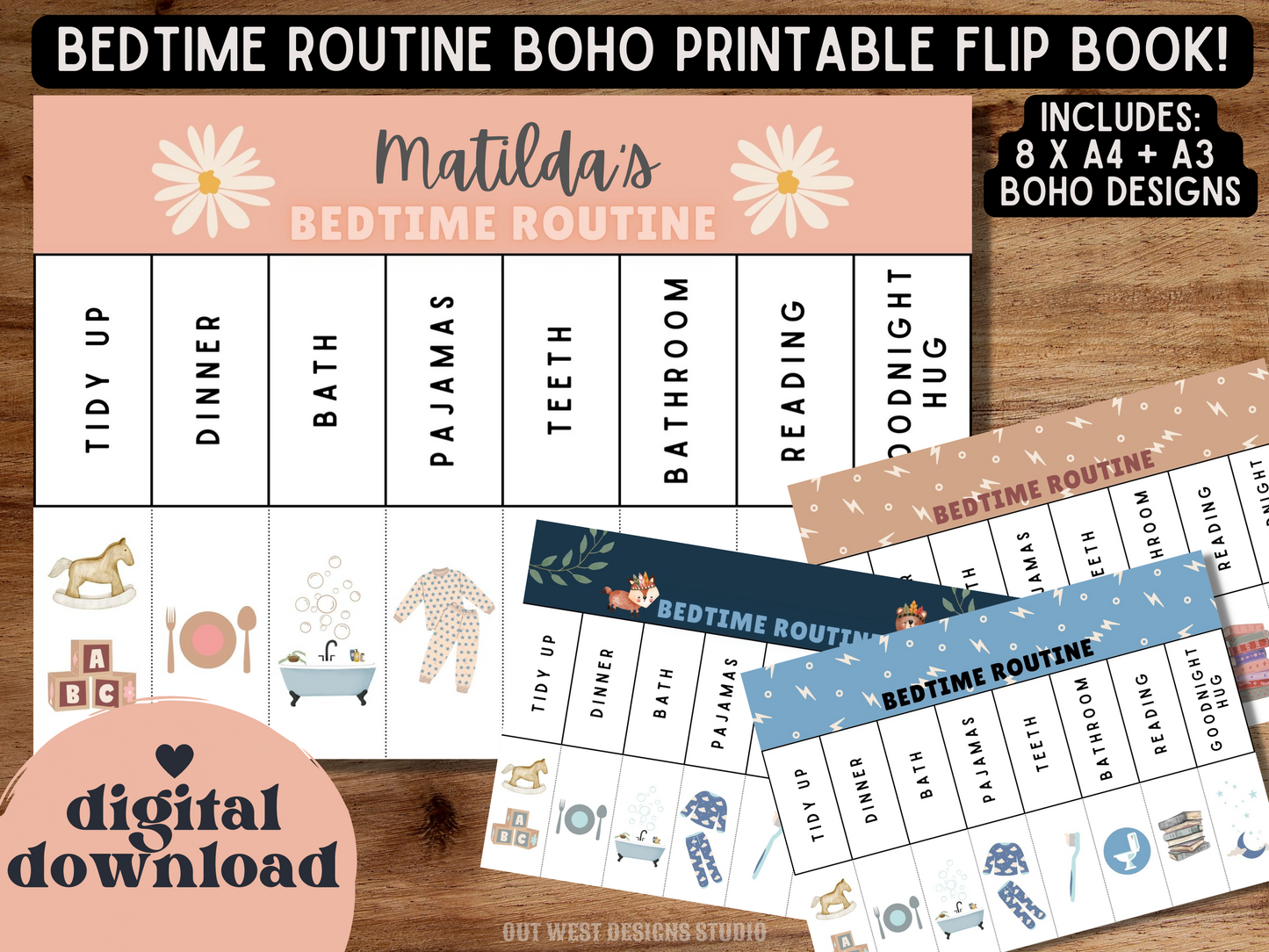 Boho Bedtime Routine | Digital Bedtime Flip Chart | Chore Checklist | Printable | Schedule for Kid | Montessori | Nighttime