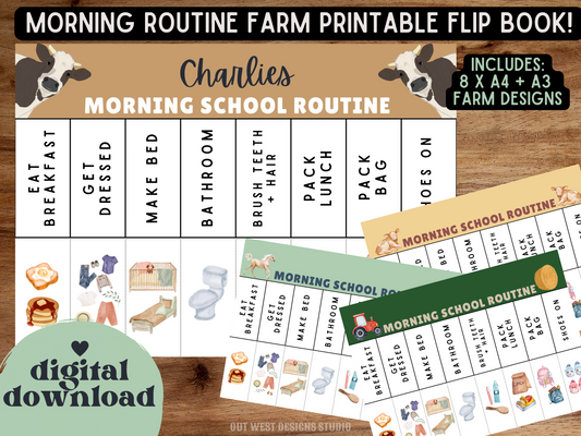 Farm Morning School Routine | Digital wakeup Flip Chart | Chore Checklist Printable | Schedule for Kid | Montessori planner farming country