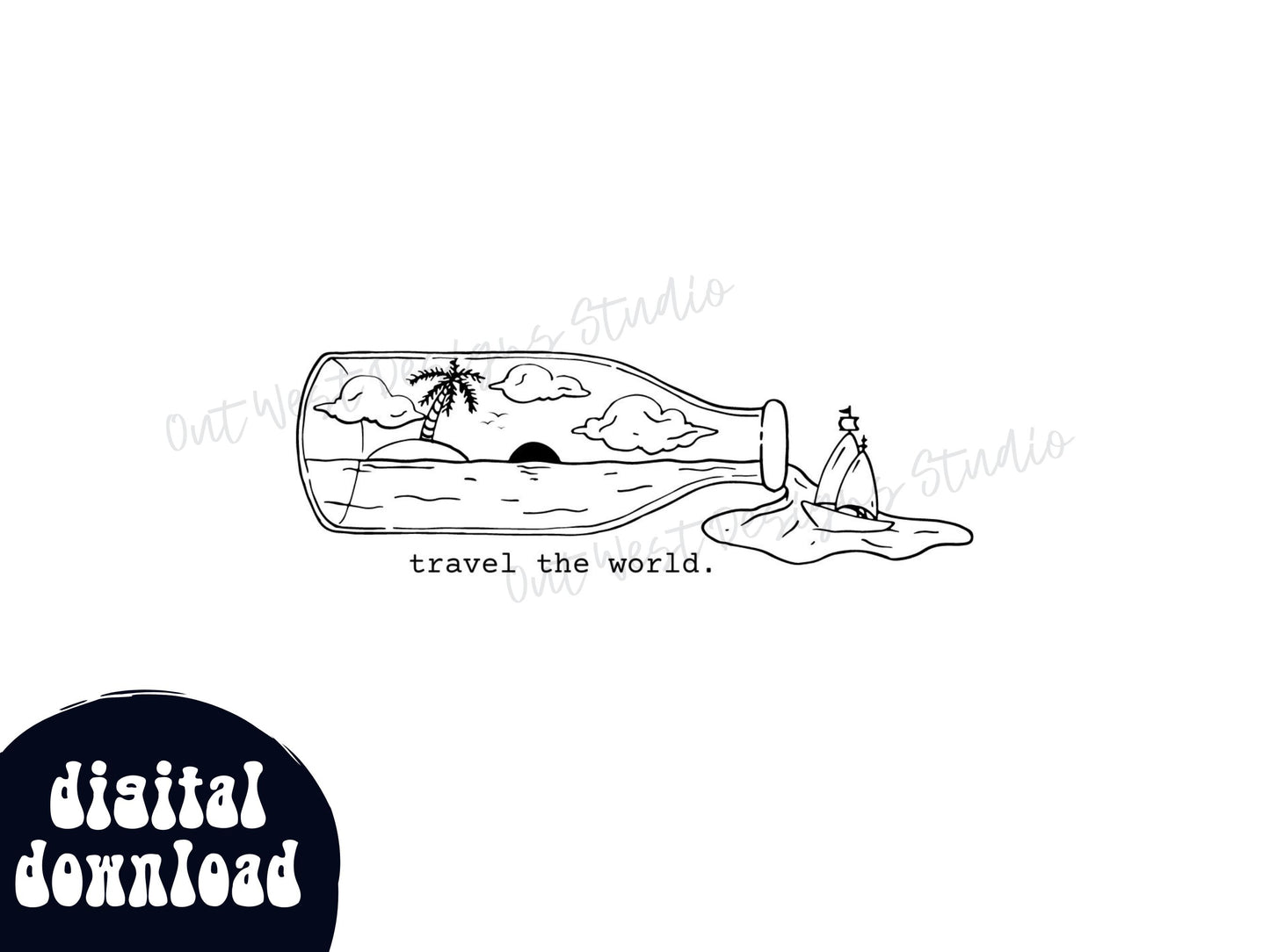 Travel the World - Sail boat in a bottle boho print - Digital download - wanderlust printable poster in blue grey and white | traveling art