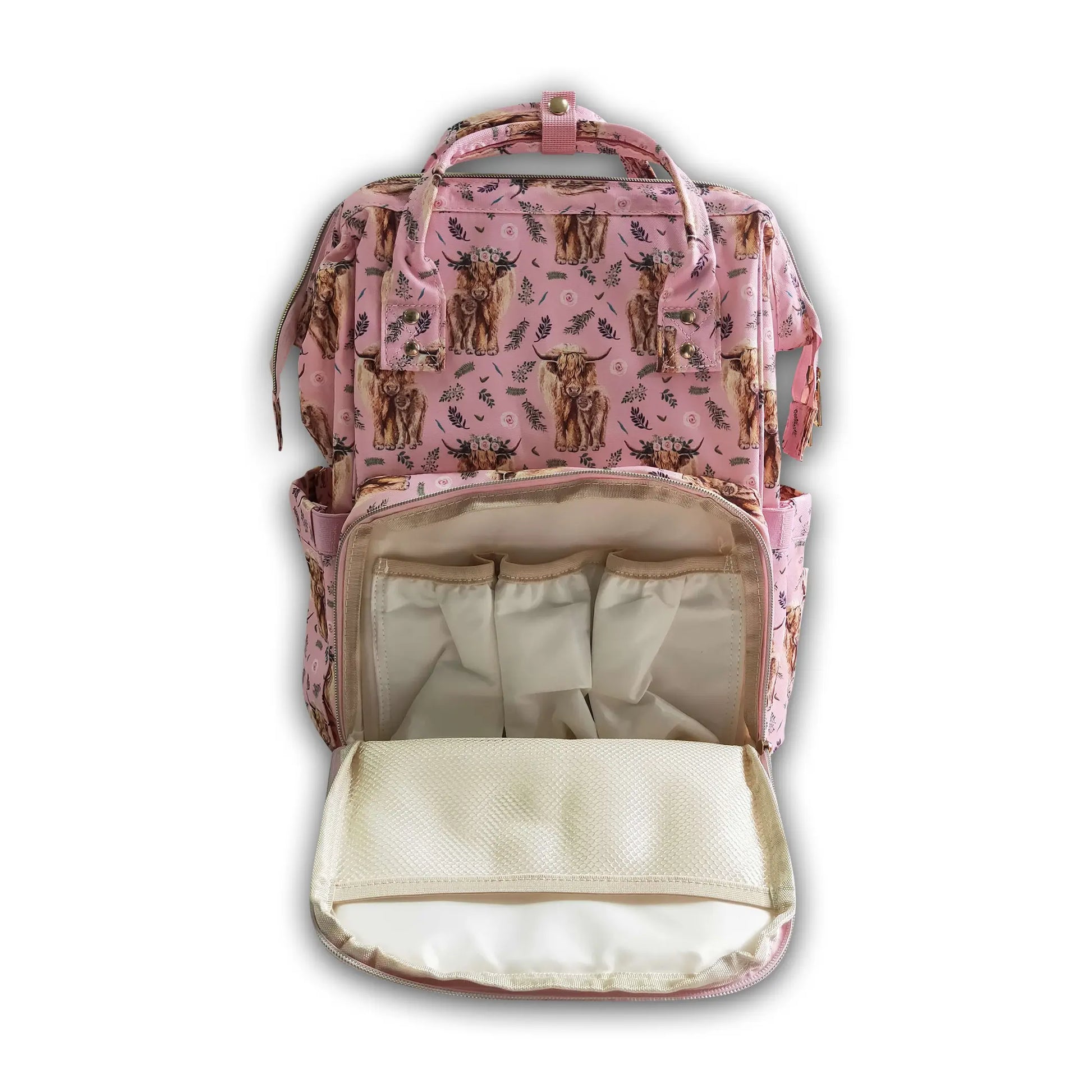 Wildflowers + cows baby diaper or backpack-  ﻿Stay stylish with this beautiful cowgirl style bag!   Perfect to use as a diaper bag with compartments to keep diapers, pacifiers, burp cloths, spare clothes, bottles + so much more!  Or use it as a stunning kids school backpack!  Size:  15.75 inches x 10.24inches