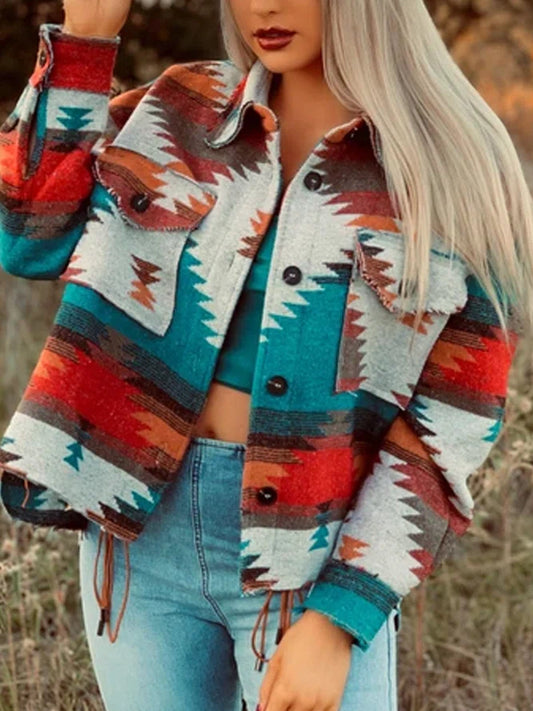 Aztec Western-style retro shacket-  This gorgeous western-style shacket is perfect to match any outfit! It features wide chest pockets, button fastening, and silky soft inner lining. A must-have garment! 