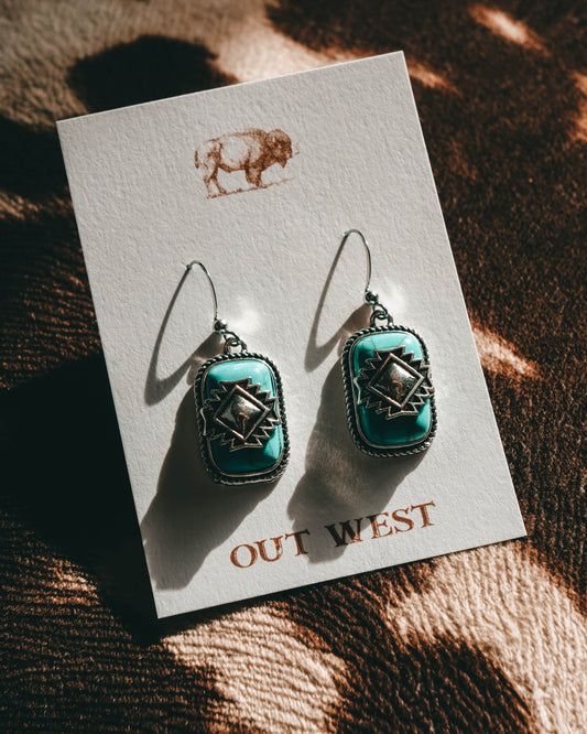 Turquoise western-style jewelry-  Boho geometric western silver + turquoise color earings!  Color: Silver + turquoise Material: Zinc Alloy