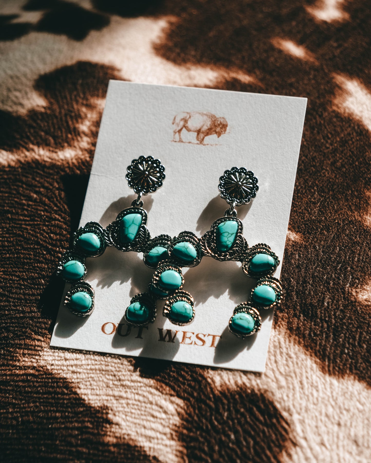 Turquoise western-style jewelry-  Horseshoe cowgirl style silver + turquoise color earings!  Color: Silver + turquoise Material: Zinc Alloy Size: 4.8cm long + 3.8cm wide