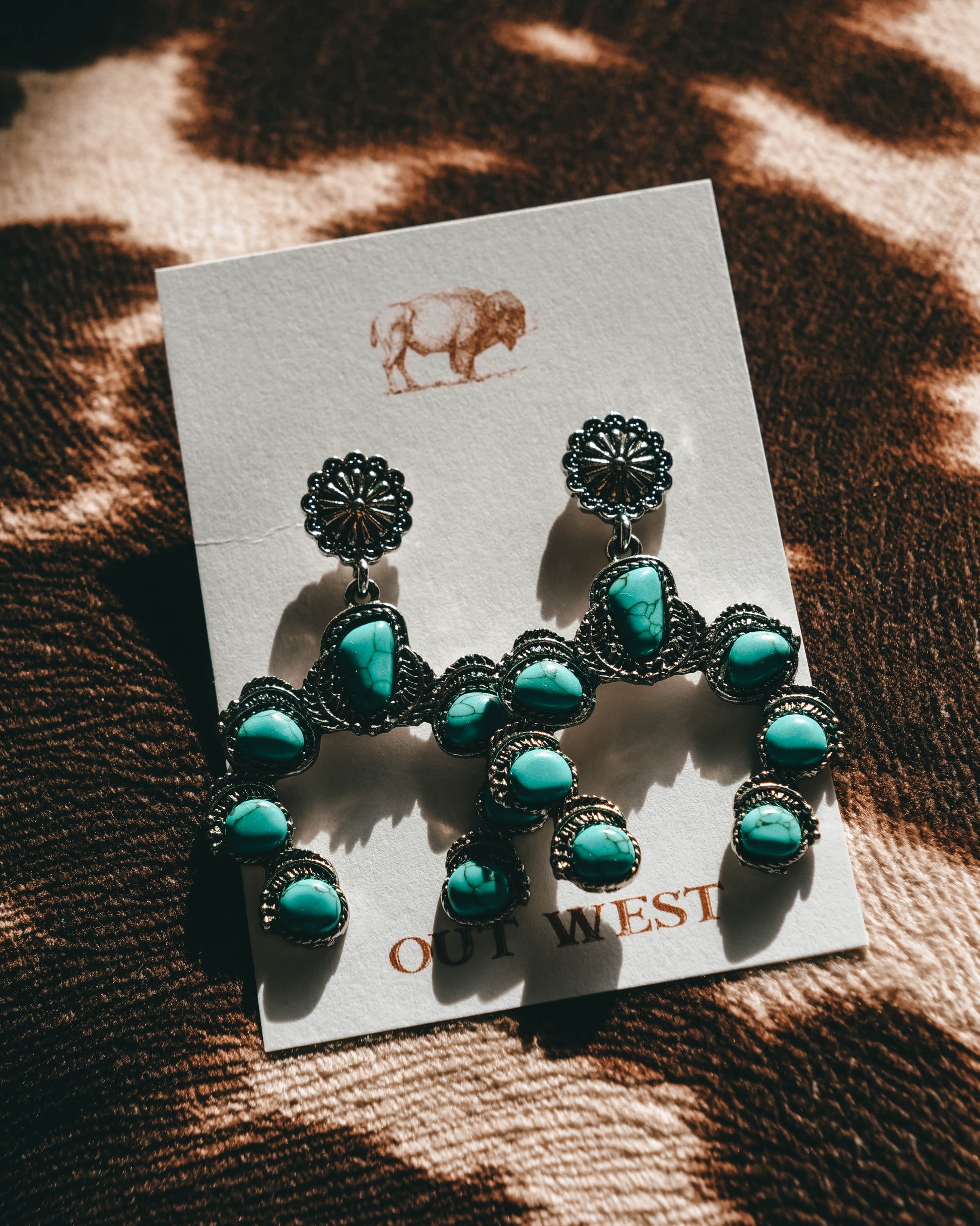 Turquoise western-style jewelry-  Horseshoe cowgirl style silver + turquoise color earings!  Color: Silver + turquoise Material: Zinc Alloy Size: 4.8cm long + 3.8cm wide