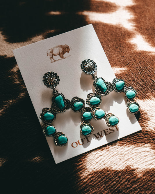 Turquoise western-style jewelry-  Horseshoe cowgirl style silver + turquoise color earings!  Color: Silver + turquoise Material: Zinc Alloy Size: 4.8cm long + 3.8cm wide