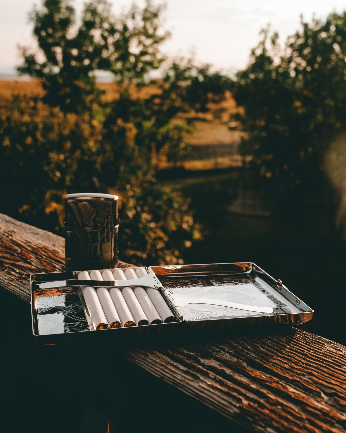 Engraved silver cigarette tin-  Metal cowgirl style Cigarette holder with 2 clips. Holds 20 cigarettes.  Material: Metal  Size: 9.6cm x 8cm x 2cm