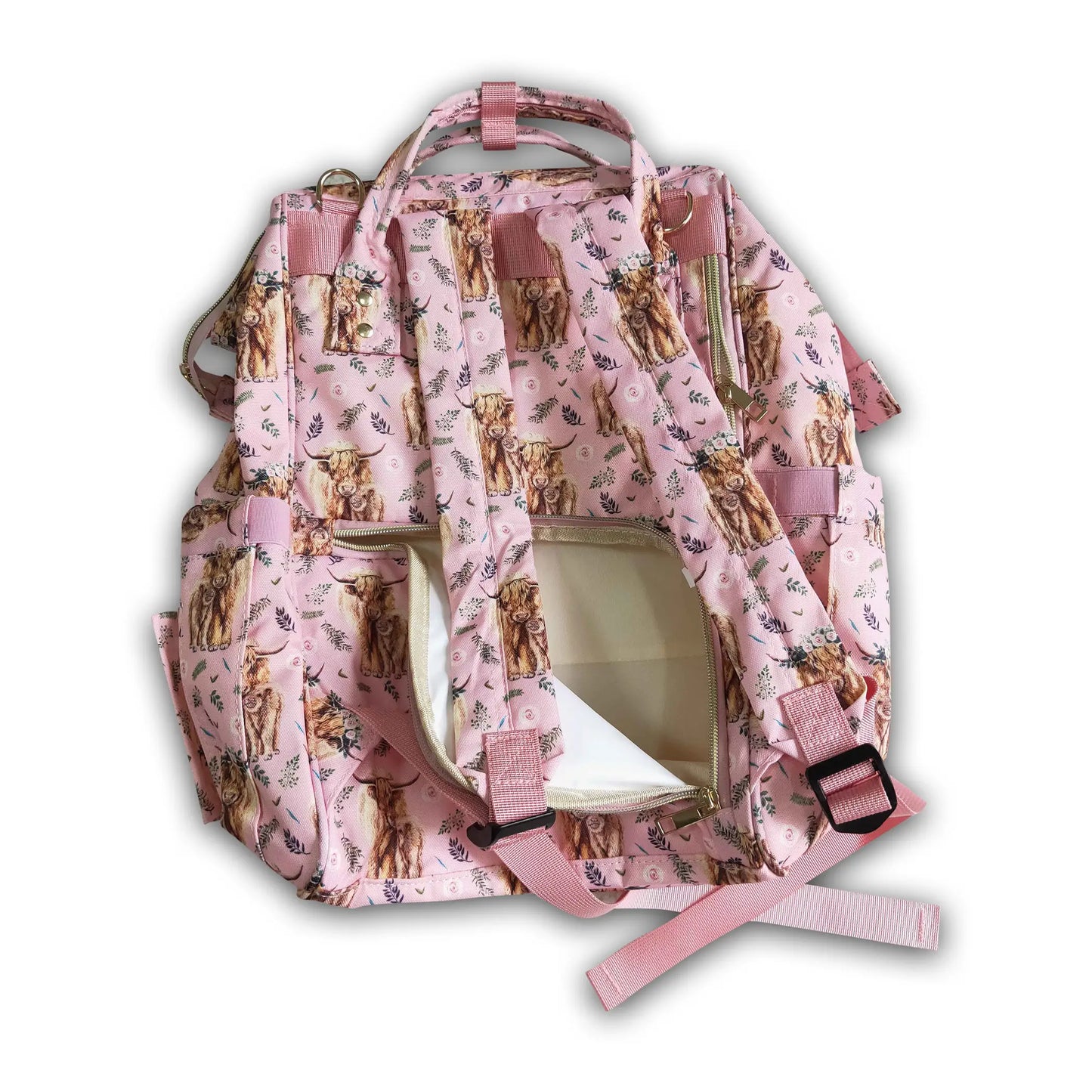 Wildflowers + cows baby diaper or backpack-  ﻿Stay stylish with this beautiful cowgirl style bag!   Perfect to use as a diaper bag with compartments to keep diapers, pacifiers, burp cloths, spare clothes, bottles + so much more!  Or use it as a stunning kids school backpack!  Size:  15.75 inches x 10.24inches